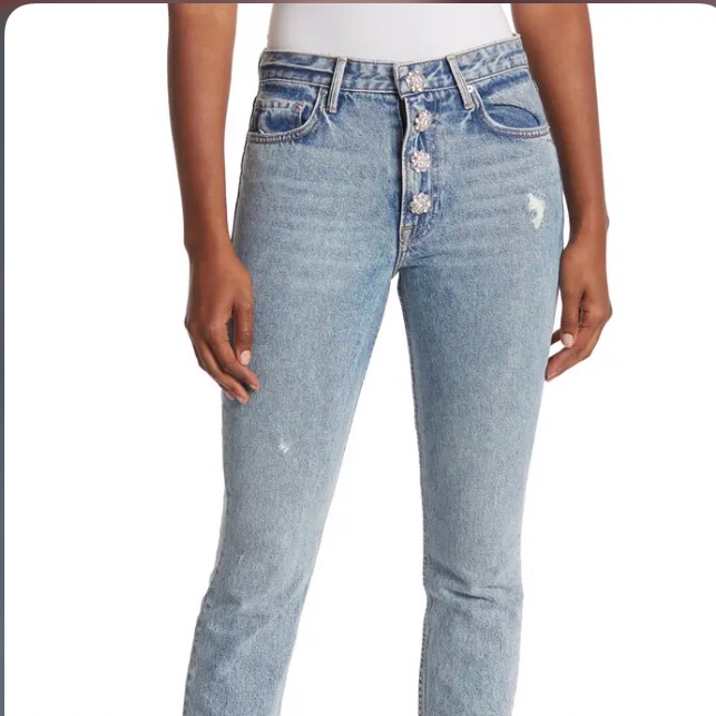 Nwt $268 Grlfrnd Karolina Rhinestone Button Distressed High Waist Jeans Size 30